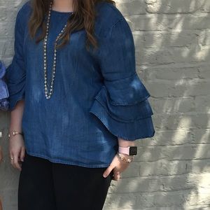 Chambray blouse with ruffle sleeves